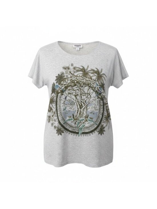 Hermes Tops - Hermes Print T-Shirt Crew Neck Top Botanical Pattern 36 Light Gray Cotton